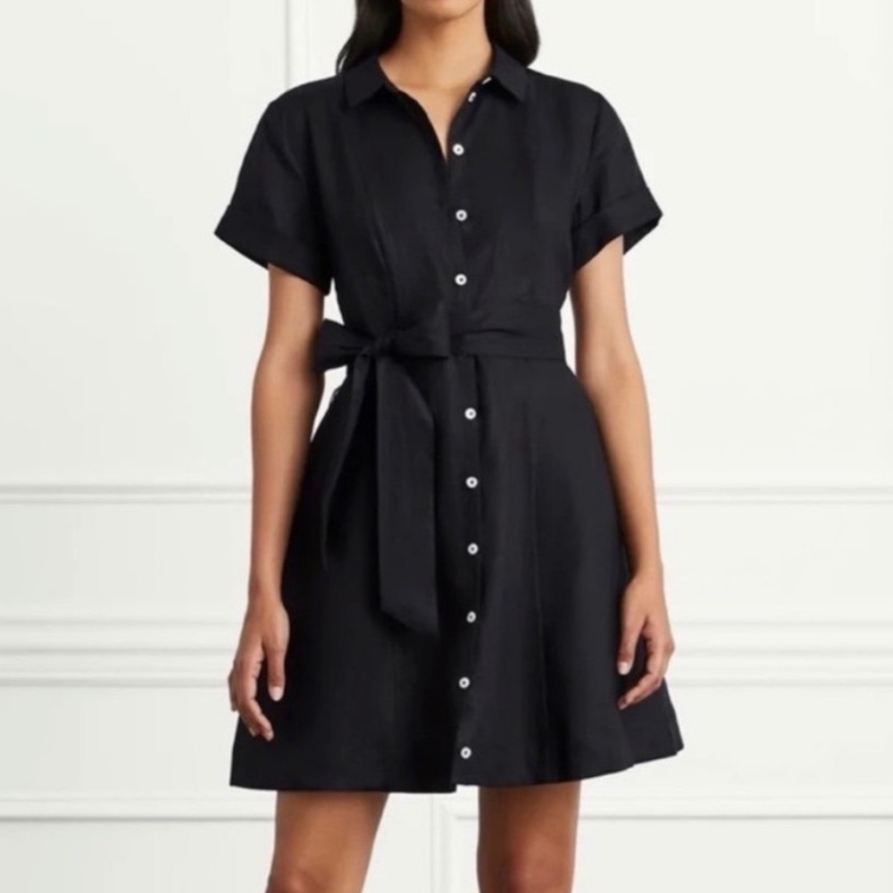 Hill House Laura Linen Mini Dress Black Button Front Collared - XSmall